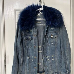 Honey Punch Blue Denim Jacket with Faux Fur Collar